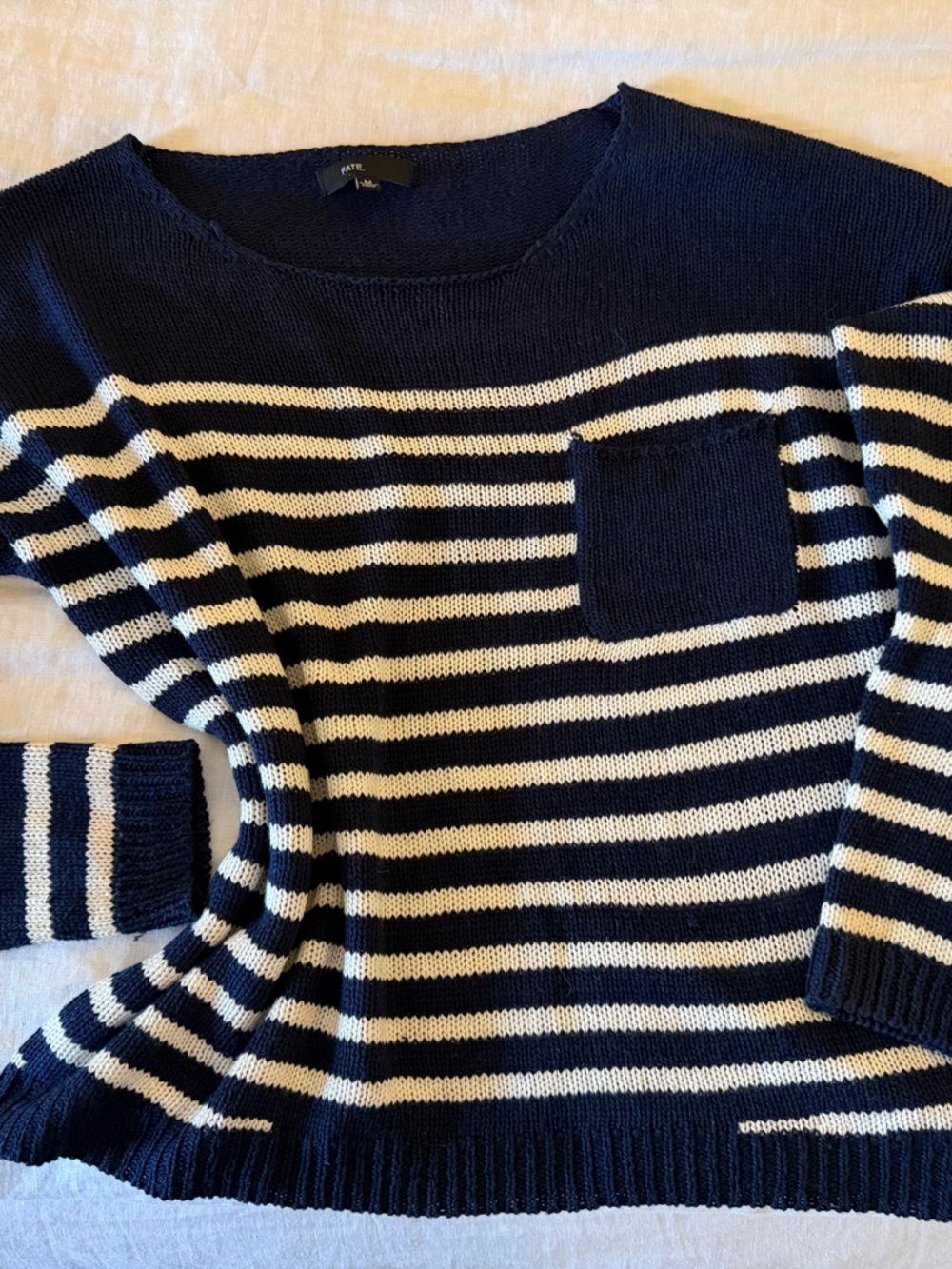 Striped Navy and White Light Weight Knit Sweater with Pocket